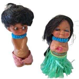 Hawaiian Rubber 5" Hula Boy Girl Dolls Hong Kong Grass Skirt Souvenir